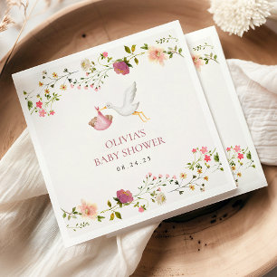 Storch-Lieferung Rosa Blumen Garten Mädchen Baby S Serviette