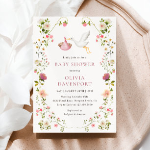Storch-Lieferung Rosa Blumen Mädchen Baby-Party Einladung
