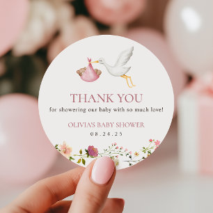 Storch-Lieferung Rosa Blumen Mädchen Baby Shower F Runder Aufkleber
