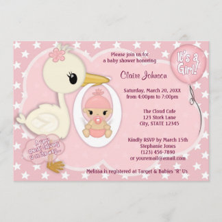 Storch-Lieferungs-Babypartyeinladung MÄDCHEN-ROSA Einladung