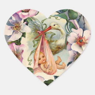 STORCH-MÄDCHEN-BABY-DUSCHEN-KRONE MIT ROSA WILDEN Herz-Aufkleber