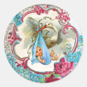 STORCH-MÄDCHEN-BABY-DUSCHEN-ROSA-ROSEN UND BLAUE RUNDER AUFKLEBER