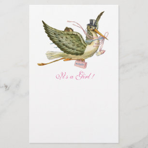 STORCH-MÄDCHEN-BABY-SPRITZE Rosa Weiß Briefpapier