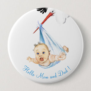 Storch mit Baby-Knopf - Hallo Mama und Papa Button