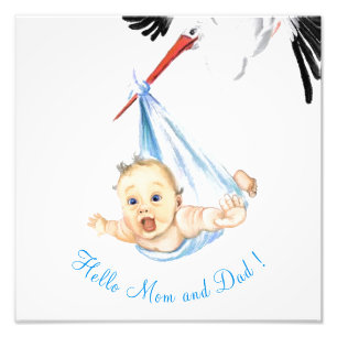 Storch mit Baby - Süße lustige Cartoon-Zeichnung Fotodruck