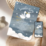 Storch mit weißer Bundle Stars Babydusche Einladung<br><div class="desc">Eine Babydusche mit dunkelblauem,  inspiriertem Hintergrund mit weißem Text,  umgeben von Sternen und Illustrationen von weißen Wolken und einem Storch mit weißem Bundle. Personalisieren Sie mit Details zu Ihrem Anlass.</div>