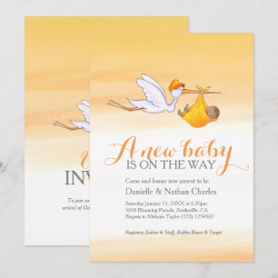 Storch neue Baby golden orange Paare Babydusche Einladung