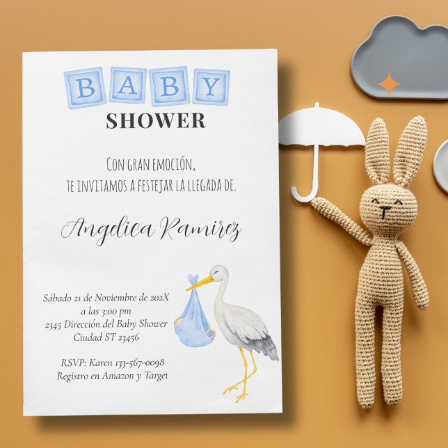 Storch Spanish Baby Shower Dusty Blue Qr Code Gesc Einladung (Stork Spanish Baby Shower Dusty Blue Qr Code Gift Invitation)