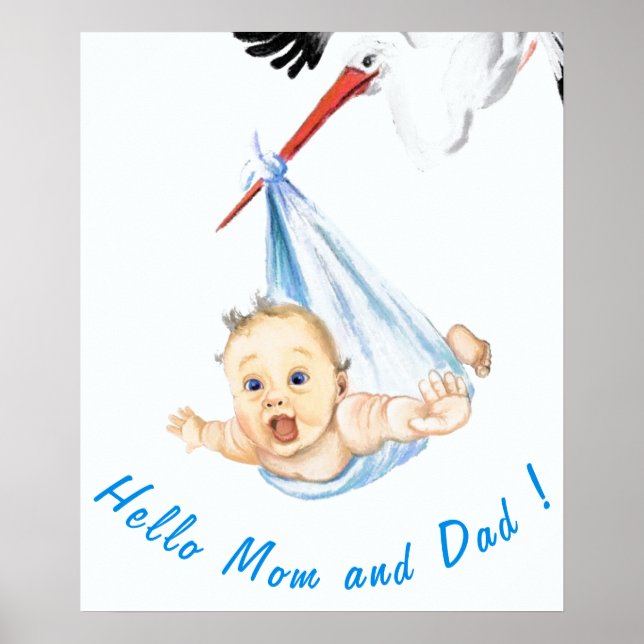 Storch Tragen Baby Poster Malerei Spaß Ihren Text (Vorne)