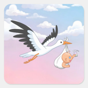 Storch trägt Baby beim ersten Selfie am Himmel Quadratischer Aufkleber