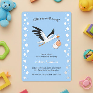 Storch trägt Baby-Selfie-Baby-Party Blau Folieneinladung