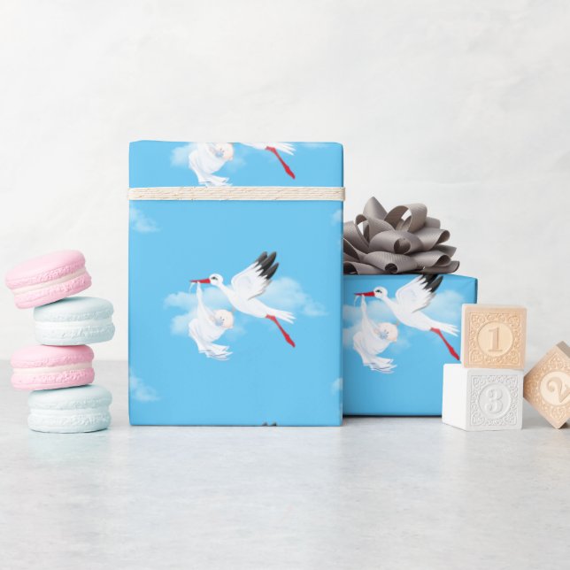 Storch und Baby Boy in Wolken Geschenkpapier (Babyparty)