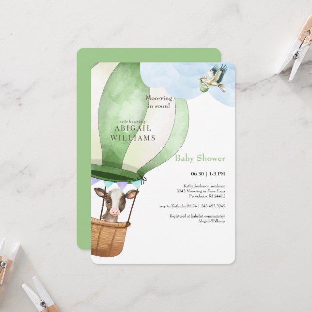 Storch- und Kuhmooving in Bald Babydusche Einladung (Vorderseite/Rückseite Beispiel)