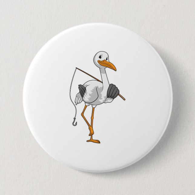 Storch wie Fisher mit Angelrute Button (Vorderseite)