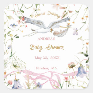 Storch Wildblumen-Band Baby Shower Papier Quadratischer Aufkleber