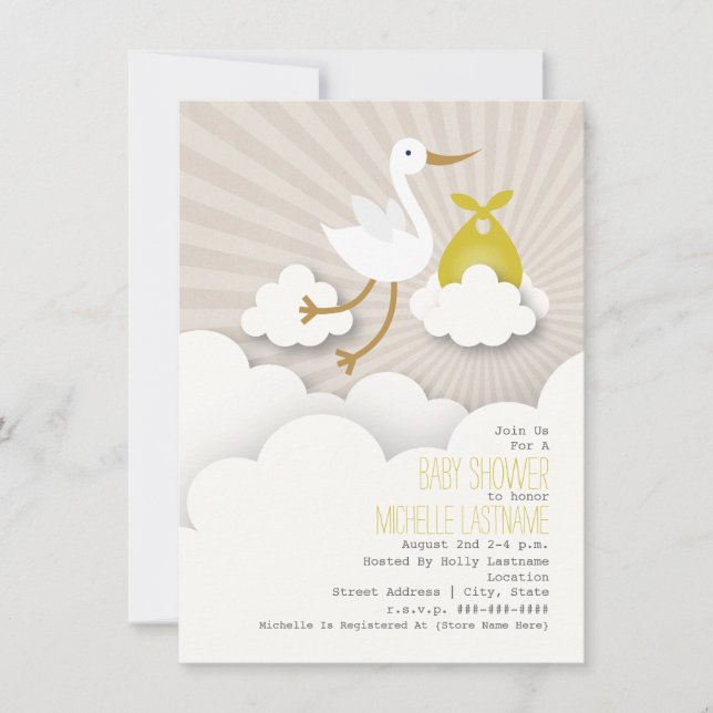 Storch + Wolken Kinderdusche - gelb Einladung (Vorderseite)