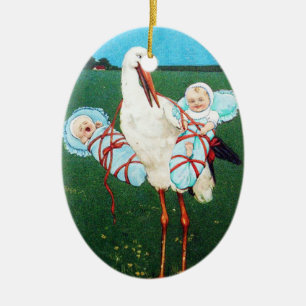 STORCH ZWILLINGS BABYJUNGE TAUFE, blaugrün Keramik Ornament