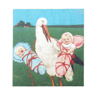 STORCH ZWILLINGS-BABYSHOWER, Rosa, Türkisblau Notizblock