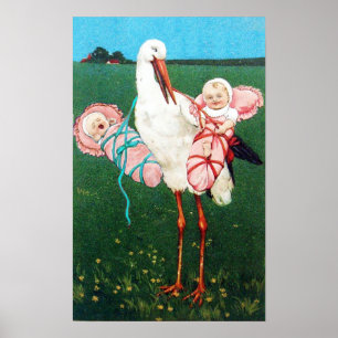STORCH ZWILLINGSMÄDCHEN BABY-SPRÜHREGEN MONOGRAMM, POSTER