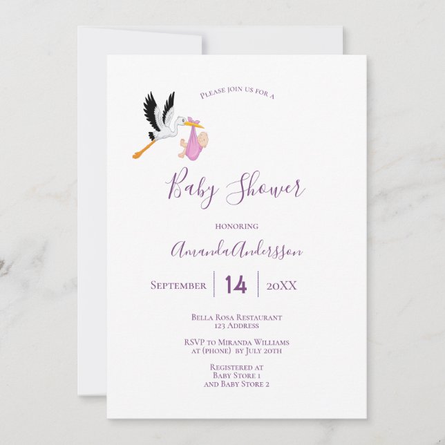 Storchenmädchen rosa lila niedliche Babydusche Einladung (Vorderseite)