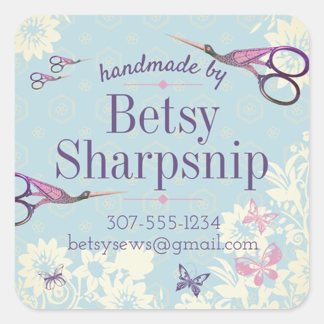 Storchenschere nähen Quilter personalisiert Quadratischer Aufkleber (Vorderseite)