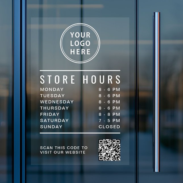 Store Hours QR Code Business Logo White Lettering Fensteraufkleber (Store Hours QR Code Business Logo White Lettering Window Cling)
