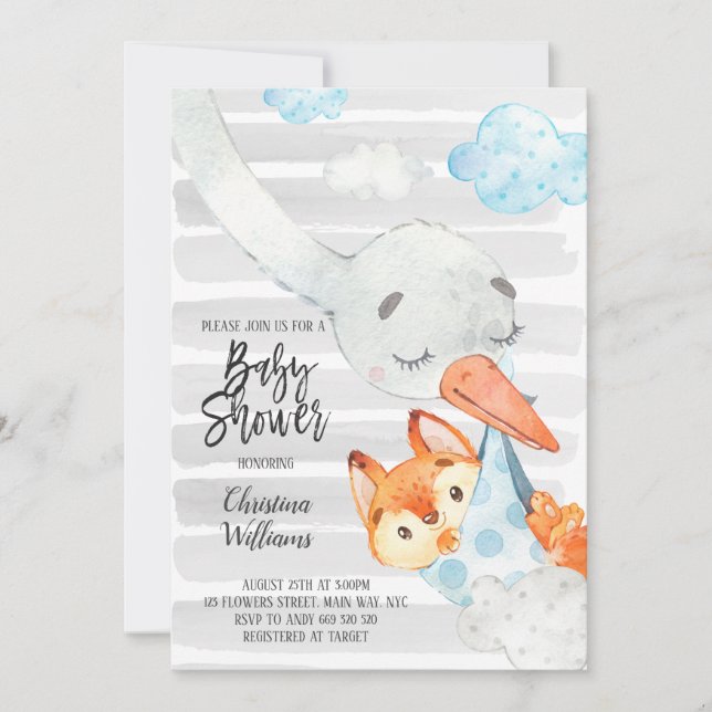 Stork and Fox Cub Boy Baby Shower Blue & Grau Nied Einladung (Vorderseite)