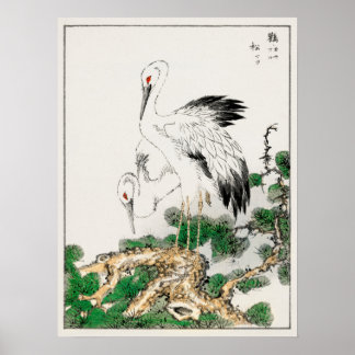 Stork and Pine Tree Vintage japanische Holzbaukuns Poster