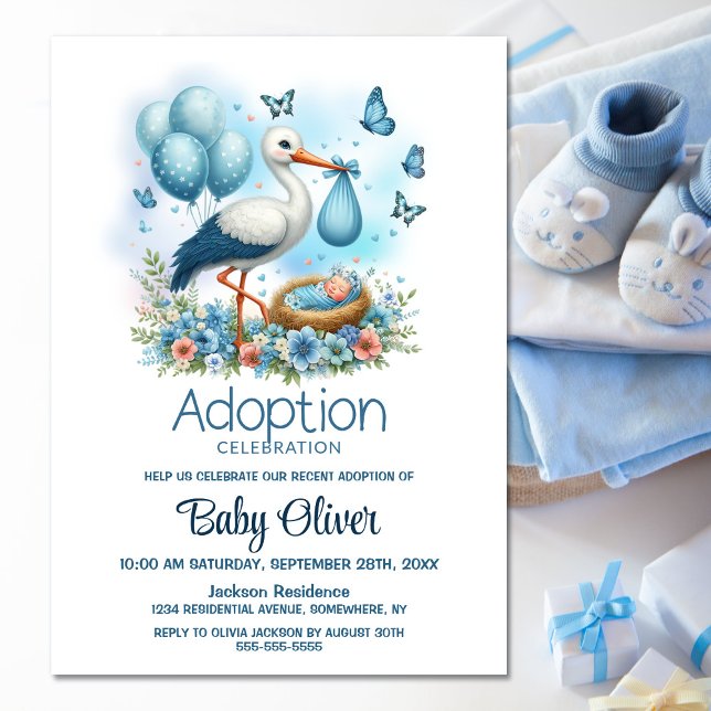 Stork Baby Boy Adoption Babydusche Einladung (Von Creator hochgeladen)