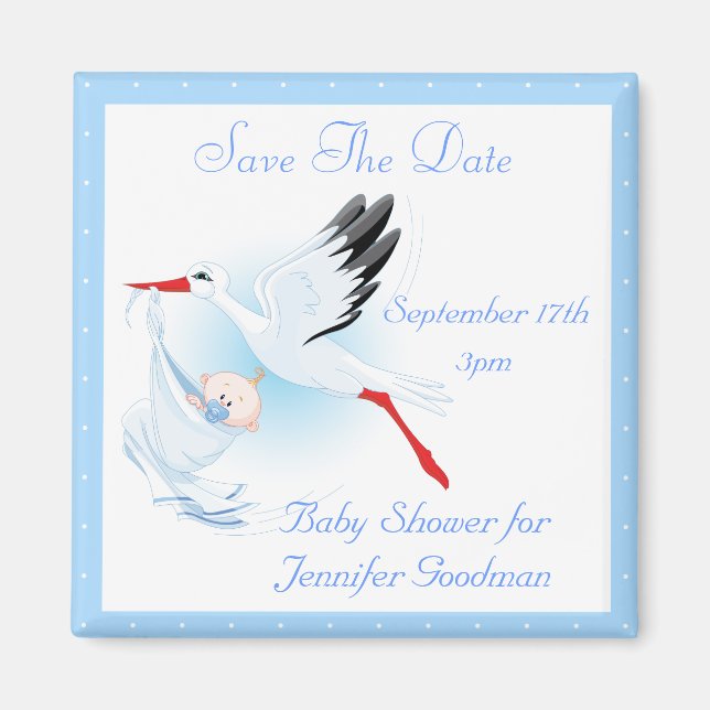 Stork & Baby Boy Blue Save the Date Baby Dusche Magnet (Vorne)