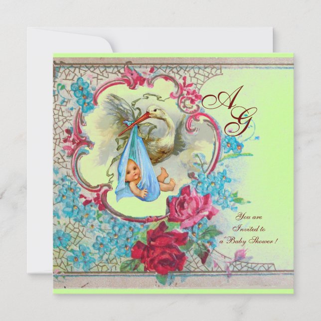 STORK BABY BOY DUSCHE MIT ROSE UND BLAUEN BLUMEN EINLADUNG (Vorderseite)