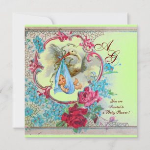 STORK BABY BOY DUSCHE MIT ROSE UND BLAUEN BLUMEN EINLADUNG