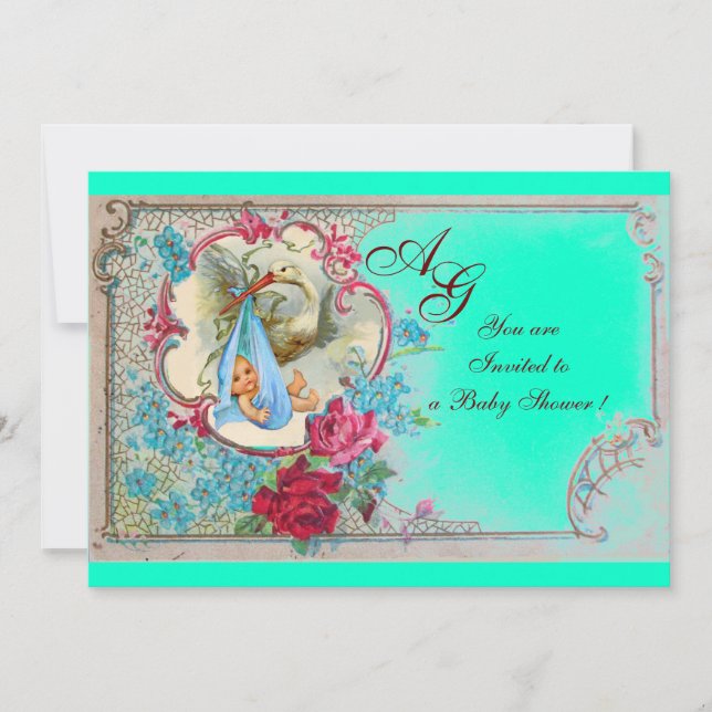 STORK BABY BOY DUSCHE MIT ROSE UND BLAUEN BLUMEN EINLADUNG (Vorderseite)