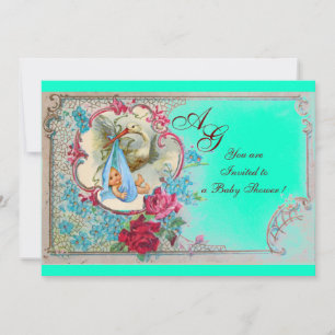 STORK BABY BOY DUSCHE MIT ROSE UND BLAUEN BLUMEN EINLADUNG
