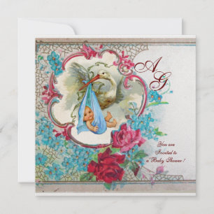 STORK BABY BOY DUSCHE MIT ROSE UND BLAUEN BLUMEN EINLADUNG
