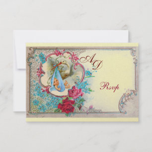 STORK BABY BOY DUSCHE MIT ROSE UND BLAUEN BLUMEN EINLADUNG