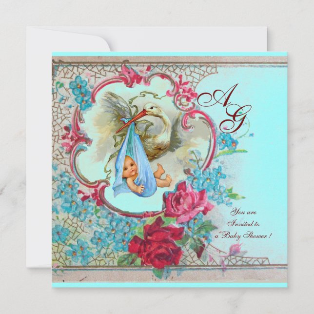 STORK BABY BOY DUSCHE MIT ROSE UND BLAUEN BLUMEN EINLADUNG (Vorderseite)