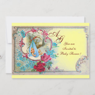 STORK BABY BOY DUSCHE MIT ROSE UND BLAUEN BLUMEN EINLADUNG