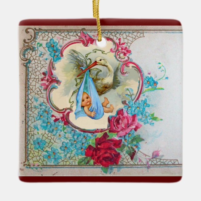 STORK BABY BOY SHOWER 2 Blue Aquamarine Keramikornament (Vorderseite)