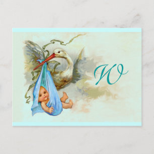 STORK BABY BOY SHOWER 2 EINLADUNGSPOSTKARTE