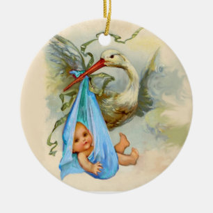 STORK BABY BOY SHOWER 2 MONOGRAMM BLAUE SAPPHIRE KERAMIK ORNAMENT