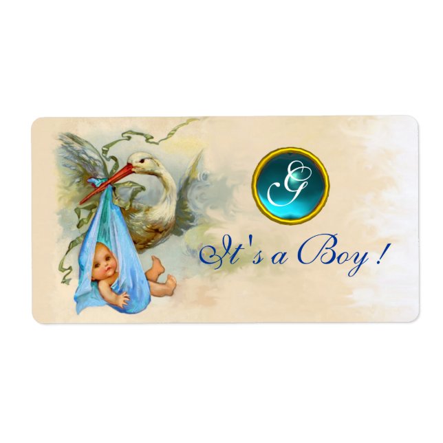 STORK BABY BOY SHOWER AQUAMARIN BLAUE GEM MONOGRAM (Vorne)
