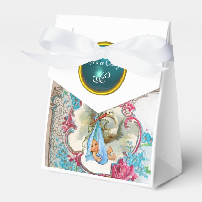 STORK BABY BOY SHOWER BLUE GEM MONOGRAM White Geschenkschachtel (Vorderseite)