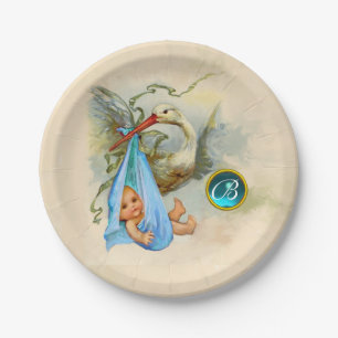STORK BABY BOY SHOWER BLUE GEM STONE MONOGRAM PAPPTELLER