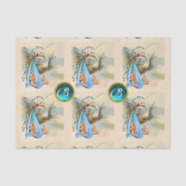 STORK BABY BOY SHOWER BLUE GEM STONE MONOGRAM SEIDENPAPIER (Vorderseite)