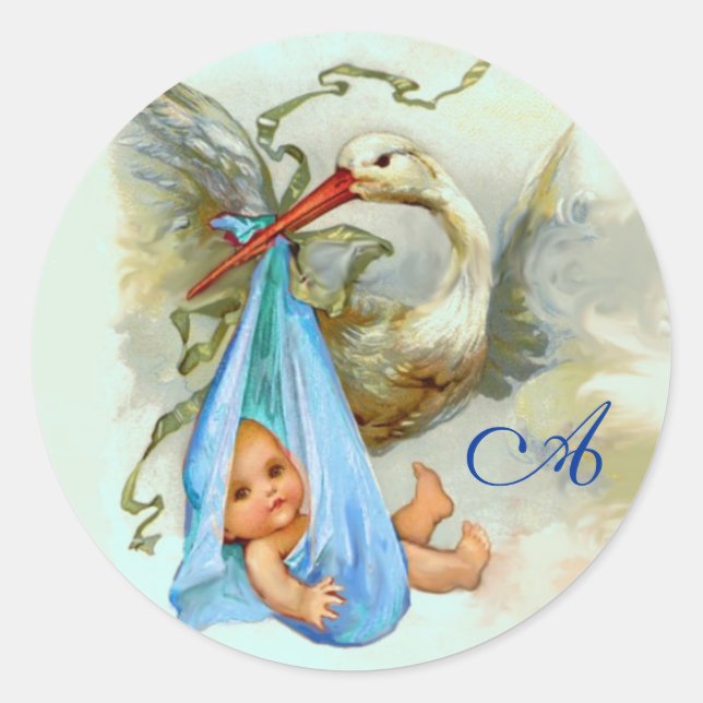 STORK BABY BOY SHOWER BLUE MONOGRAM , RUNDER AUFKLEBER (Vorderseite)