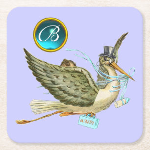 STORK BABY BOY SHOWER GEM MONOGRAM RECHTECKIGER PAPPUNTERSETZER