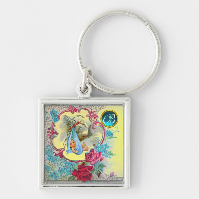 STORK BABY BOY SHOWER GEM MONOGRAM SCHLÜSSELANHÄNGER (Vorne)
