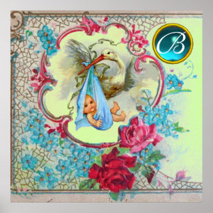 STORK BABY BOY SHOWER Gem Stone Monogram Green Poster