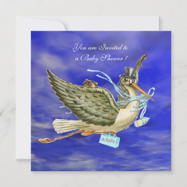 STORK BABY BOY SHOWER Gold Metallic Einladung (Vorderseite)